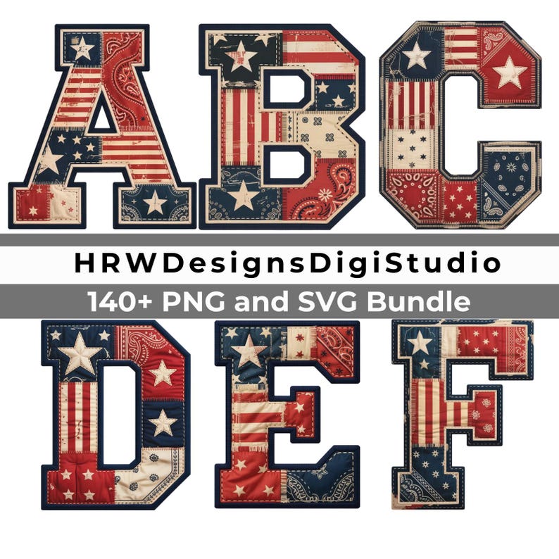 Vintage Americana Alfabet SVG PNG, Patriotiska Patchwork Bokstäver & Siffror, 4 juli Clipart, Kommersiellt Bruk bild 2