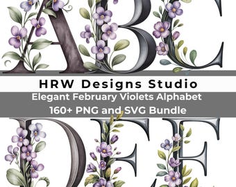 Alphabet de fleurs de naissance février PNG SVG, lettres florales violettes, initiales de nom personnalisées, clipart fleur mois de naissance, monogramme de A à Z
