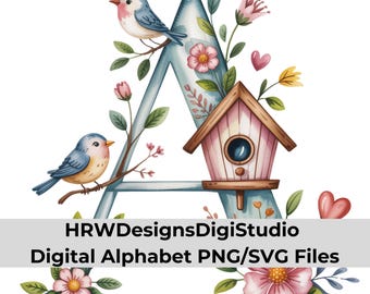 Classroom Alphabet Clipart with Birds, Floral Letters PNG SVG, Teacher Decor Pastel Alphabet Set