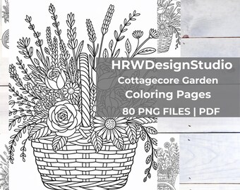 Cottagecore Coloring Pages Printable, Garden Coloring Book, Adult Floral Coloring Pages, Cozy Nature Coloring Sheets, 80 PNG PDF Download