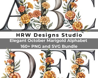 Automne lettres de l'Alphabet PNG SVG, Clipart monogramme floral automne, jeu de lettres souci, décoration de Thanksgiving, téléchargement de l'Alphabet Cricut