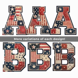 Vintage Americana Alfabet SVG PNG, Patriotiska Patchwork Bokstäver & Siffror, 4 juli Clipart, Kommersiellt Bruk bild 9
