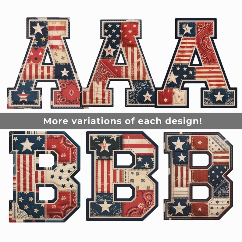 Vintage Americana Alfabet SVG PNG, Patriotiska Patchwork Bokstäver & Siffror, 4 juli Clipart, Kommersiellt Bruk bild 9