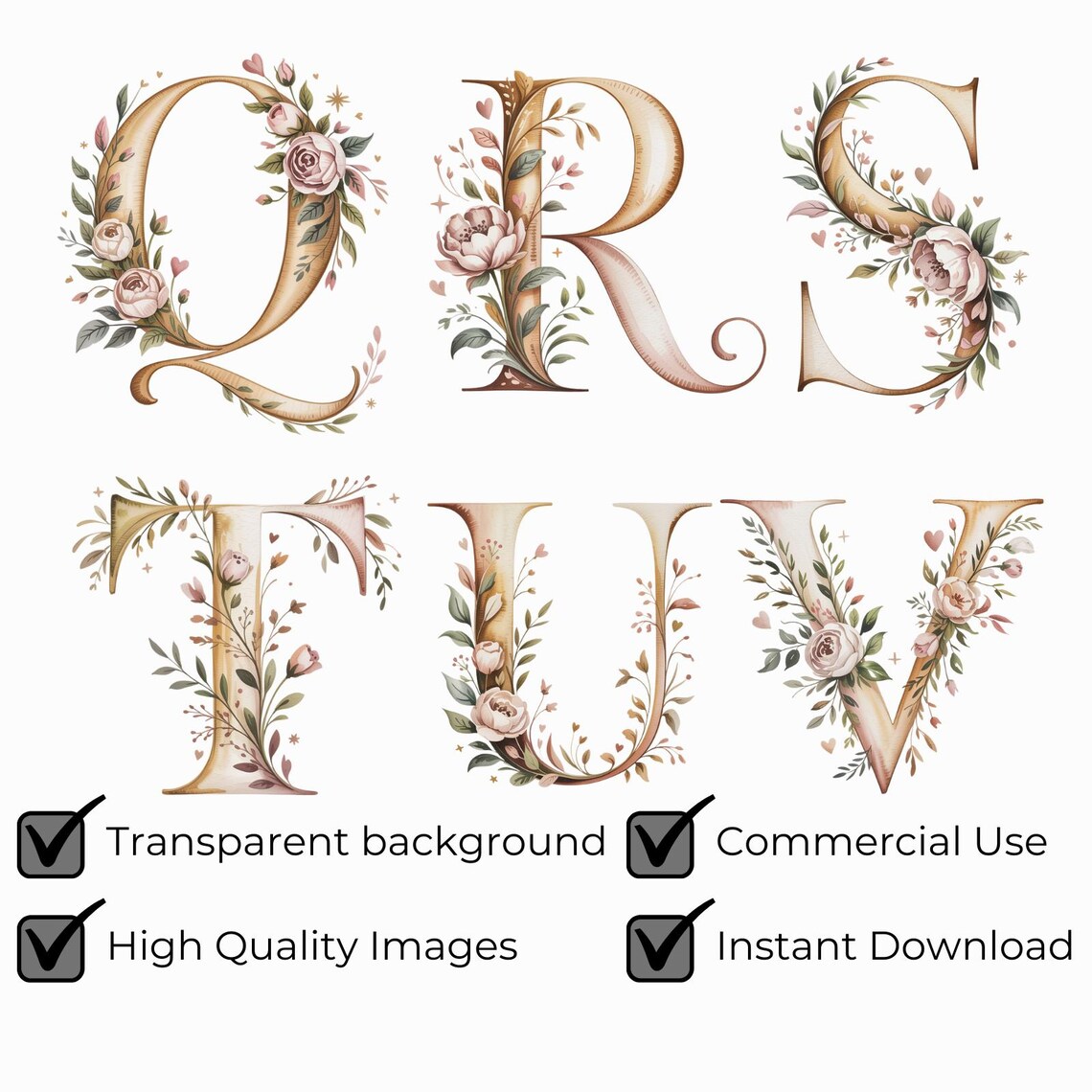 Romantic Floral Alphabet PNG SVG, Valentine Love Letters Clipart ...