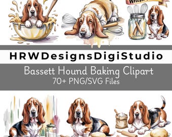 Zestaw clipartów do pieczenia z basset houndem, pies piekarz PNG SVG, urocze grafiki z pieczonym psem, sztuka z psem kuchennym