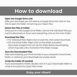 Op de afbeelding: Een gids getiteld "Hoe te downloaden" met instructies voor het downloaden van clipartbestanden van Google Drive. De tekst is zwart op een witte achtergrond, met een grijze kop- en voettekst. Instructies omvatten het openen van een Google Drive-link en het downloaden.