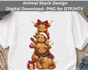 Christmas Highland Cow PNG, Stacked Cows Watercolor Design, Cute Holiday Cow Sublimation, Country Christmas Clipart