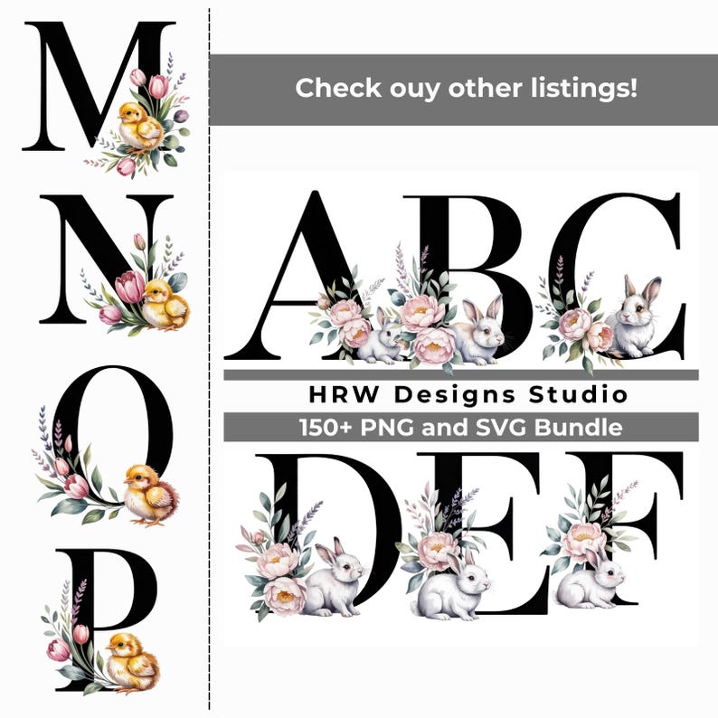 Baby Chick Floral Alphabet PNG SVG Bundle, Nursery Monogram Letters A-Z ...