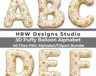 3D Puffy Balloon Alphabet PNG, Gold Star Letters Numbers Party Sublimation Download