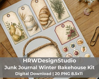 Winter Bakehouse Junk Journal Kit, 20 Page Vintage Baking Ephemera, Printable Recipe Cards, Cottagecore Kitchen Journal