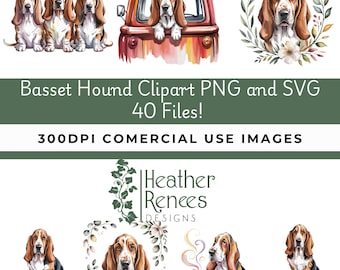 Basset Hound Clipart Bundle, Dog PNG SVG, Cute Basset Art, Watercolor Dog Stickers, Pet Illustrations, Printable Dog Designs, 40 Files