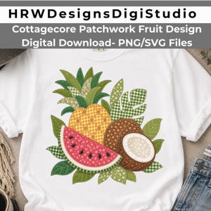 May include: A white t-shirt featuring a graphic design of a pineapple, a watermelon slice, and a coconut. The fruit illustration uses a patchwork style with various green, yellow, brown, and red fabric patterns, including gingham and floral prints.
