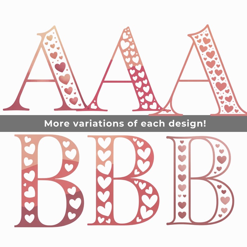 Op de afbeelding: Decoratieve letterontwerpen met de letters A en B, gevuld met hartpatronen. De letters zijn in roze en rode tinten, met een gradi&euml;nteffect. De tekst "More variations of each design!" wordt hieronder weergegeven.
