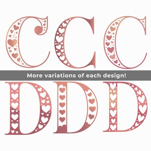 Op de afbeelding: Rosegouden letters C en D met hart- en bloemmotieven. De letters zijn in verschillende stijlen, met sommige effen harten en andere met hartcontouren. De tekst "More variations of each design!" staat eronder.