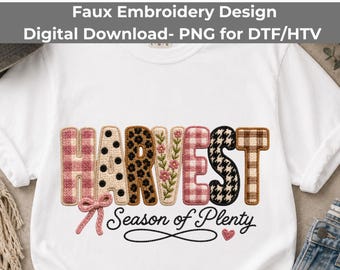 Harvest Season Of Plenty PNG, Faux Embroidery Plaid Fall Sublimation Download
