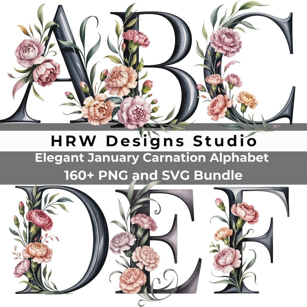 January Patterned Letters January Birth Flower Alphabet PNG SVG, Carnation Monogram Letters ...