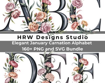 Alphabet monogramme PNG SVG de mariage, initiales florales, lettres de décoration de douche nuptiale, nom personnalisé signe de mariage, lettres élégantes d'oeillets de A à Z