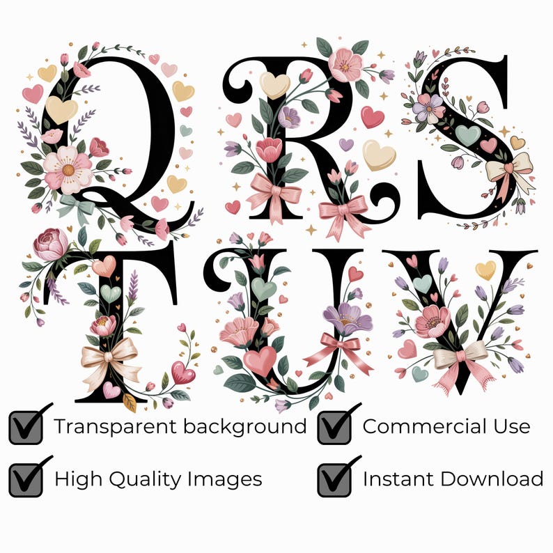 Cottagecore Floral Alphabet PNG SVG, Romantic Flower Letter Monogram ...