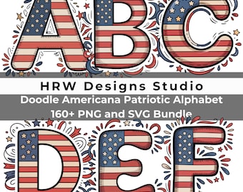 Patriotic Alphabet SVG PNG Bundle, Classroom Bulletin Board Letters, Teacher Name Decor, USA Flag Font, Cricut School Projects, A-Z 0-9 Clip