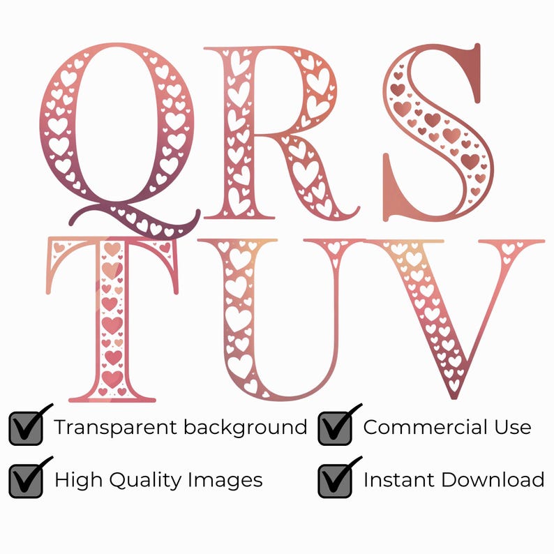Op de afbeelding: Een digitale afbeelding met de letters Q, R, S, T, U en V in een roze en perzik verlopende kleur. Elke letter is versierd met hartvormige uitsparingen. De afbeelding bevat ook tekst die een transparante achtergrond, commercieel gebruik, afbeeldingen van hoge kwaliteit en direct downloaden aangeeft.