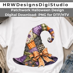 Patchwork Witch Hat - Cottagecore Orange Gingham Bow PNG Sublimation Design