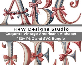 Patriotic Alphabet SVG PNG, 4th of July Coquette Letters, USA Bow Font, Americana Clipart, Red White Blue Alphabet, Cricut Cut Files, July 4