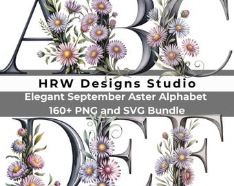 Naissance de septembre fleur Alphabet PNG SVG, lettres florales aster, lot de cliparts monogramme, élégant alphabet floral, téléchargement numérique de A à Z 0-9