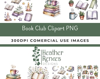 Clipart PNG del club del libro, adesivi per la lettura accogliente, grafica per gli amanti dei libri, clipart di libri e piante da caffè, uso commerciale