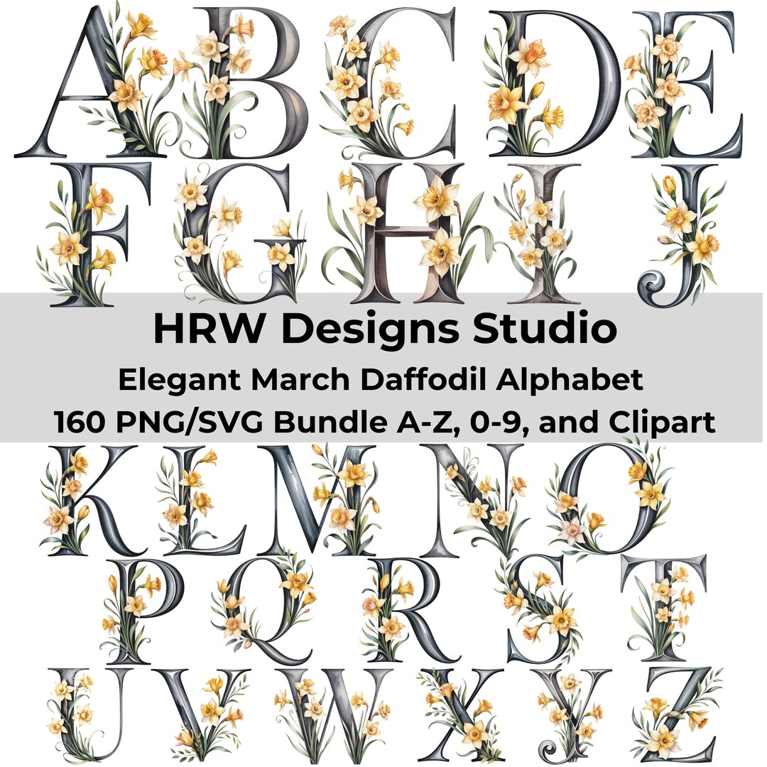 Spring Floral Alphabet PNG SVG, Daffodil Letter Clipart A-Z, Yellow ...