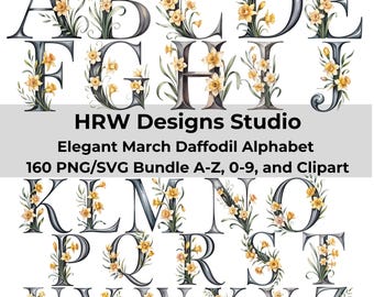 Alphabet floral de printemps PNG SVG, clipart lettre jonquille de A à Z, lettres monogramme fleur jaune, conception de nom personnalisé, printemps PNG Bundle