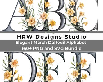 Alphabet de fleurs de naissance mars PNG SVG, lettres florales jonquille, initiales de nom personnalisées, clipart fleur de printemps, monogramme de A à Z