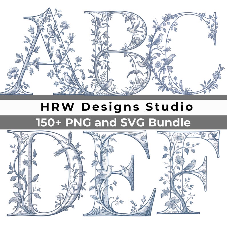 Blue French Toile Alphabet, Bird Monogram Letters A-Z, PNG SVG Bundle ...