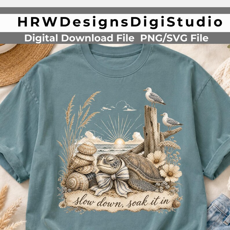 Slow Down Soak It In PNG SVG - Vintage Coastal Sea Turtle Sunrise Design image 9
