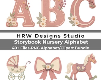 Vintage Baby Girl Alphabet PNG Bundle, Dusty Rose Floral Letters, Nursery Monogram, Ballet Slippers and Heirloom Toy Clipart
