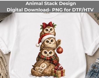 Christmas Owl PNG, Stacked Owls Watercolor Design, Cute Woodland Christmas Clipart, Holiday Sublimation