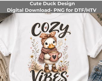 Cozy Vibes PNG, Cute Goose Coffee Latte Pink Sublimation Download