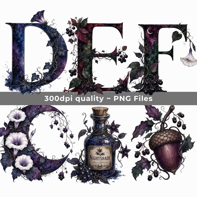 K&ouml;nnte beinhalten: Ein digitales Grafikset mit den Buchstaben D, E und F, verziert mit dunklen botanischen Elementen, einem mit wei&szlig;en Blumen geschm&uuml;ckten Halbmond, einer Glasflasche mit der Aufschrift Nightshade und Korken sowie einer gro&szlig;en braunen Eichel.