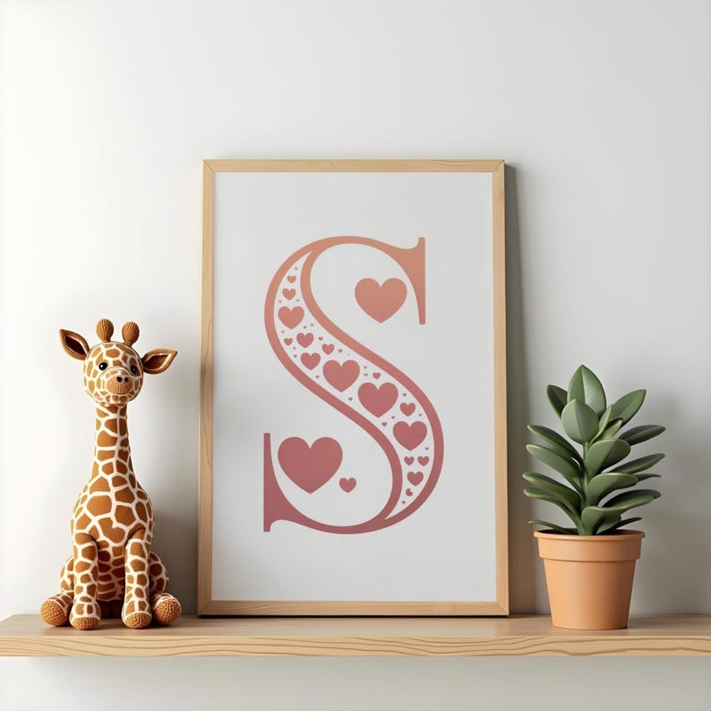 Op de afbeelding: Een ingelijste print met de letter "S" in roze tinten, versierd met hartmotieven. Een knuffelgiraf en een plant in een pot staan op een houten plank, wat een decoratie vormt.