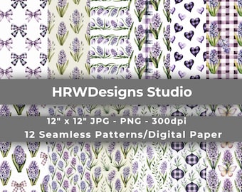 Cottagecore Digital Paper, Lavender Floral Seamless Patterns, Purple Plaid Scrapbook Paper, Coquette Bow Aesthetic Backgrounds, Commercial U