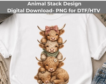 Stacked Highland Cows PNG, Cute Baby Cow Watercolor Clipart, Coquette Bow Cow Design, Cottagecore Nursery Sublimation