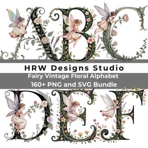 Peut inclure: Alphabet floral vintage sur le thème des fées, lettres A, B, C, D, E et F. Chaque lettre est ornée de fleurs, de feuilles et d'une fée. L'image comprend le texte "HRW Designs Studio" et "Fairy Vintage Floral Alphabet".