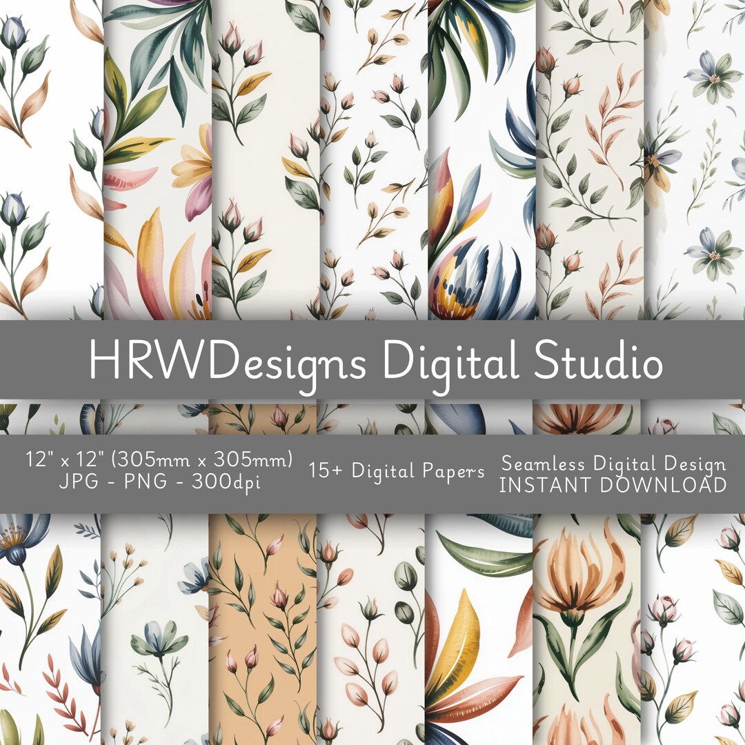 Floral Seamless Digital Paper Bundle, Watercolor Flower Backgrounds - Etsy