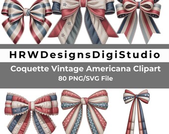 Patriotic Bow Clipart PNG SVG Bundle, 4th of July Bows, Americana Ribbon Clipart, Red White Blue Bow PNG, Independence Day Graphics, 80 File
