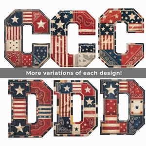 Vintage Americana Alfabet SVG PNG, Patriotiska Patchwork Bokstäver & Siffror, 4 juli Clipart, Kommersiellt Bruk bild 10