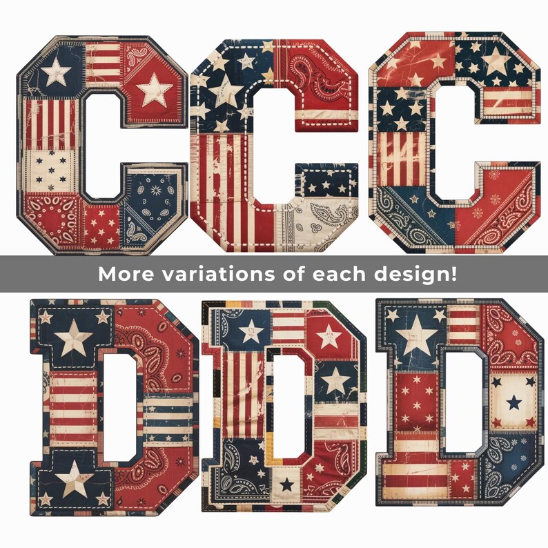 Vintage Americana Alfabet SVG PNG, Patriotiska Patchwork Bokstäver & Siffror, 4 juli Clipart, Kommersiellt Bruk bild 10