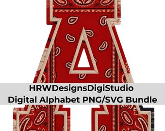 Americana Bandana Alfabet PNG SVG, Patriotiska Röda Bandana Bokstäver, 4 juli Digitalt Alfabet, Kommersiellt Bruk