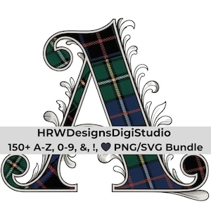 May include: An ornate letter "A" featuring a tartan pattern in green, navy, and red. The letter is outlined in black and decorated with swirling flourishes. The image includes the text "HRWDesignsDigiStudio" and "150+ A-Z, 0-9, &, !, PNG/SVG Bundle."