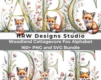 Woodland Fox Alphabet PNG SVG Bundle, Nursery Letter Clipart, Baby Name Letters, Cottagecore Alphabet, Floral ABC Set, 160 Files
