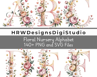 Floral Nursery Alphabet Clipart, Baby Letters PNG SVG, Watercolor Alphabet Set, Commercial Use