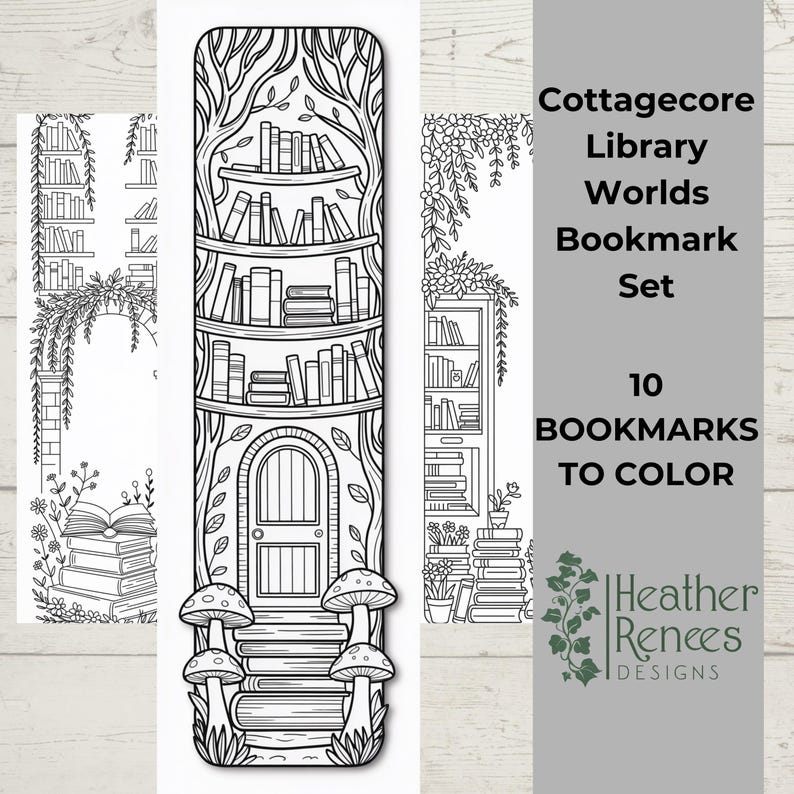 May include: A set of 10 black and white Cottagecore Library Worlds bookmarks to color. The bookmarks feature illustrations of bookshelves, doors, trees, and mushrooms. The text on the image reads "Cottagecore Library Worlds Bookmark Set" and "10 Bookmarks to Color."